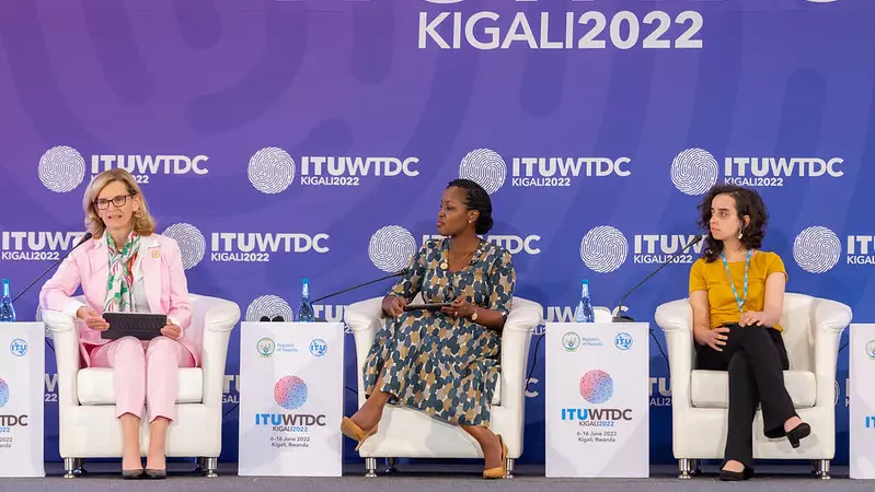 Minister Paula Ingabire amongst a panel of speakers at the ITUWTDC conference in Kigali 2022