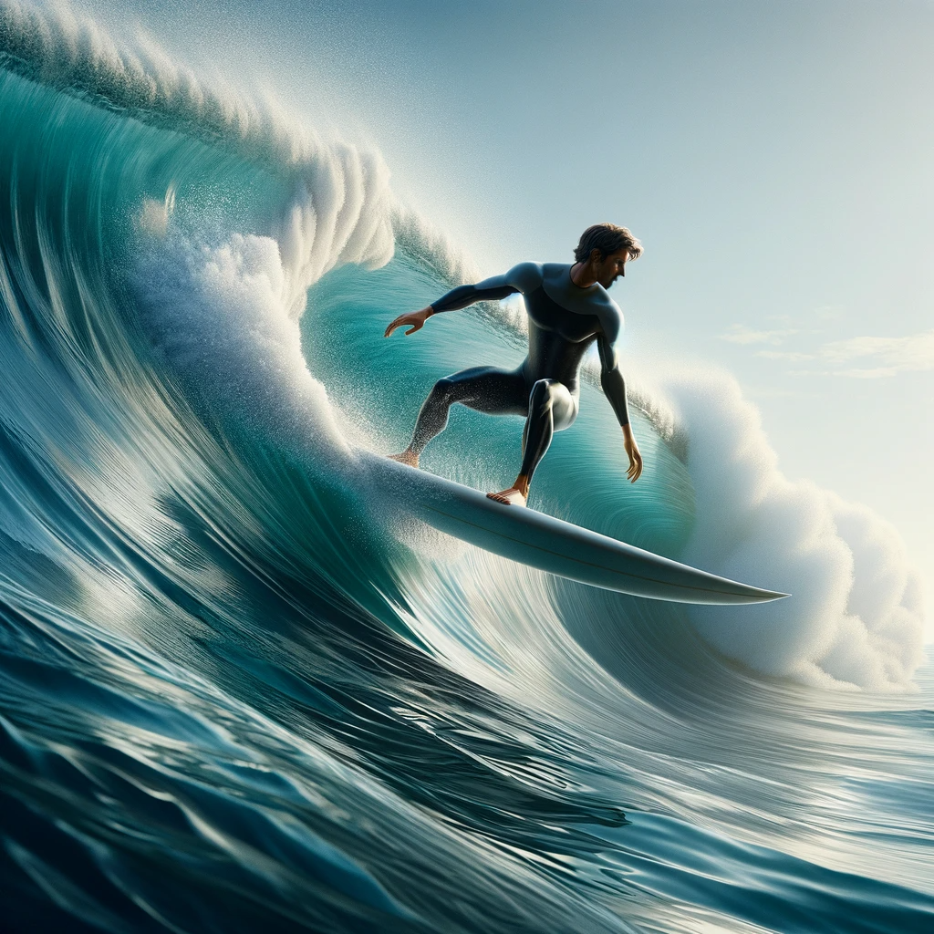 A man surfing a wave on a big surfboard.
