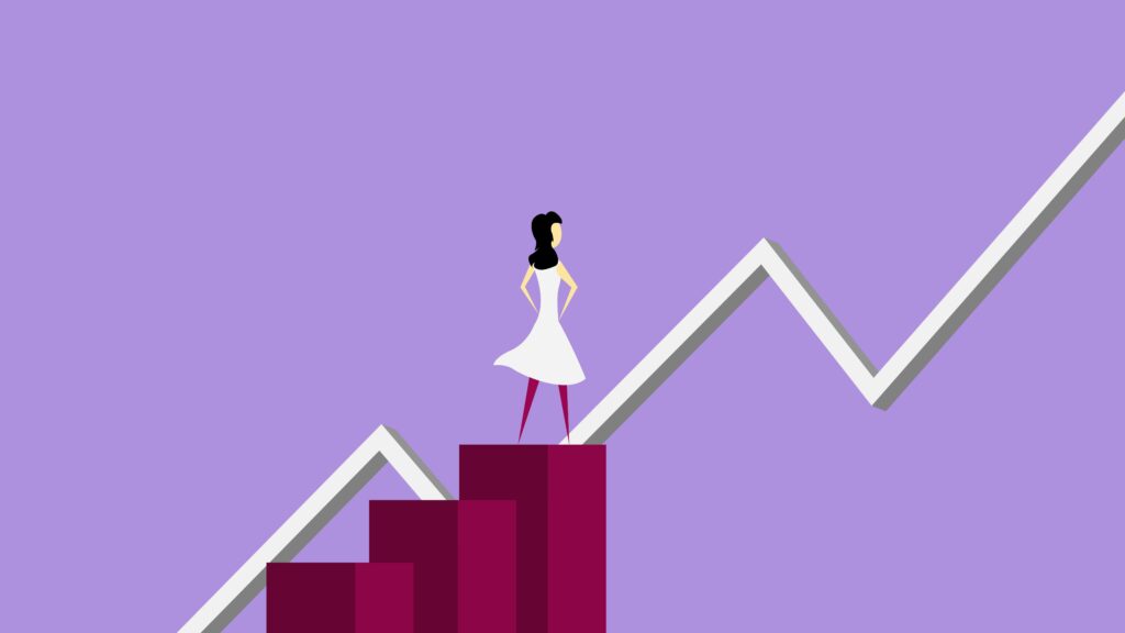 Illustration of a woman analysing an upward trending line graph atop a bar graph.